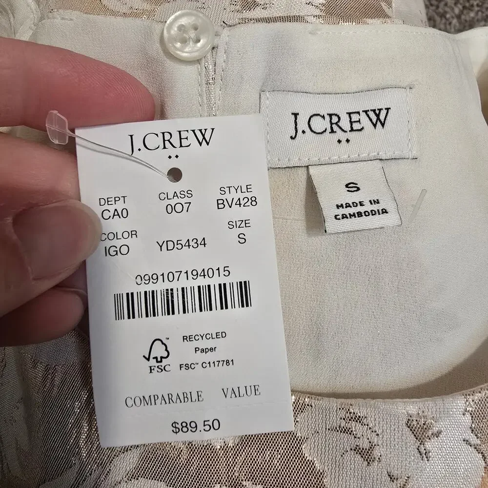 NEW NWT Women's J. Crew Gold Shimmer Floral Blouse Puff Sleeve FLAWED | Small